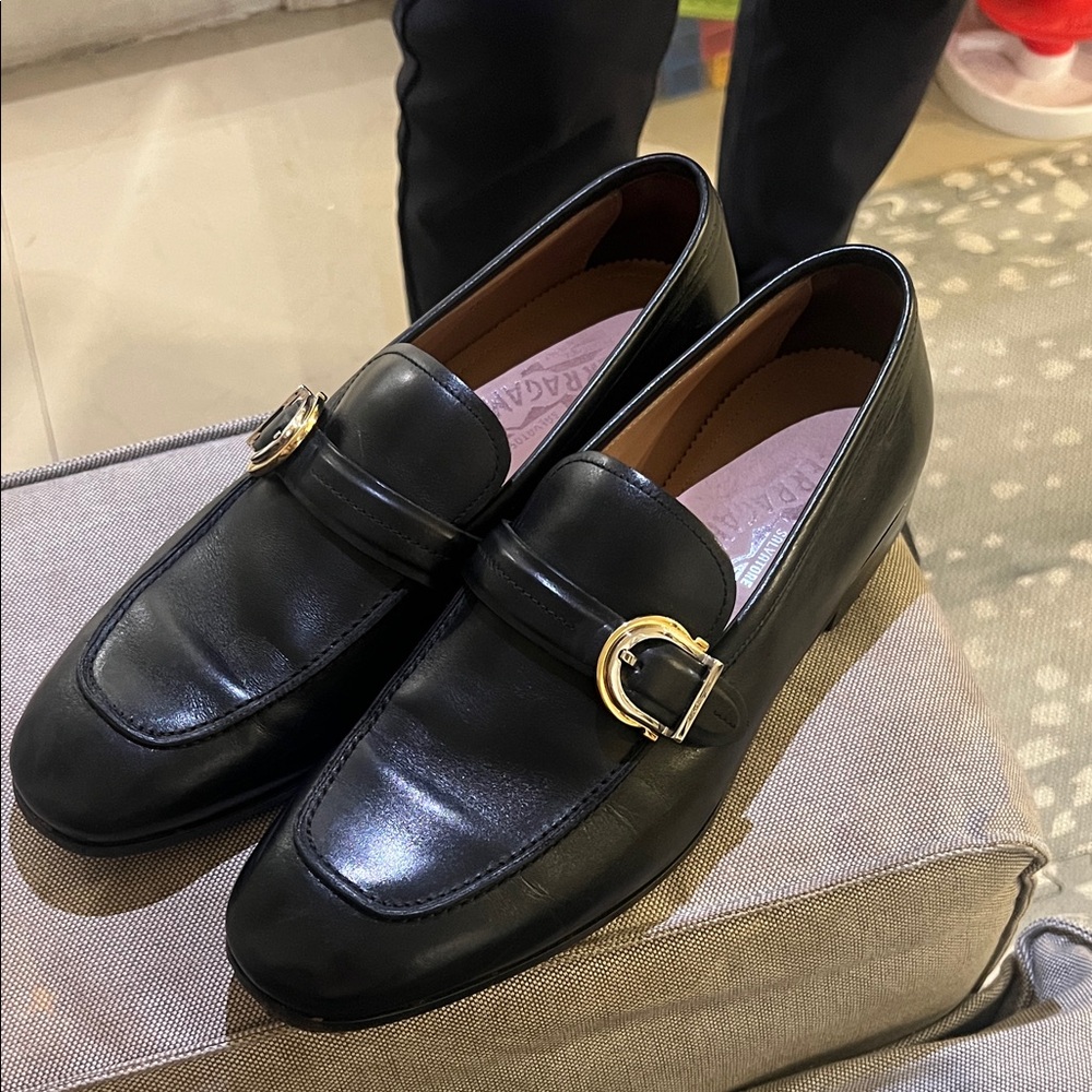 Authentic Black Ferragamo Leather Loafers with Two Tone Gold and Silver Buckle